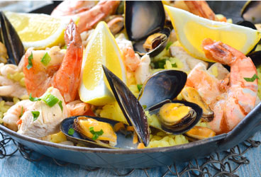 Mussels in a seafood medley dish
