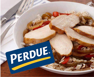 photo of Perdue Chicken in a serving bowl with rice and red bell peppers