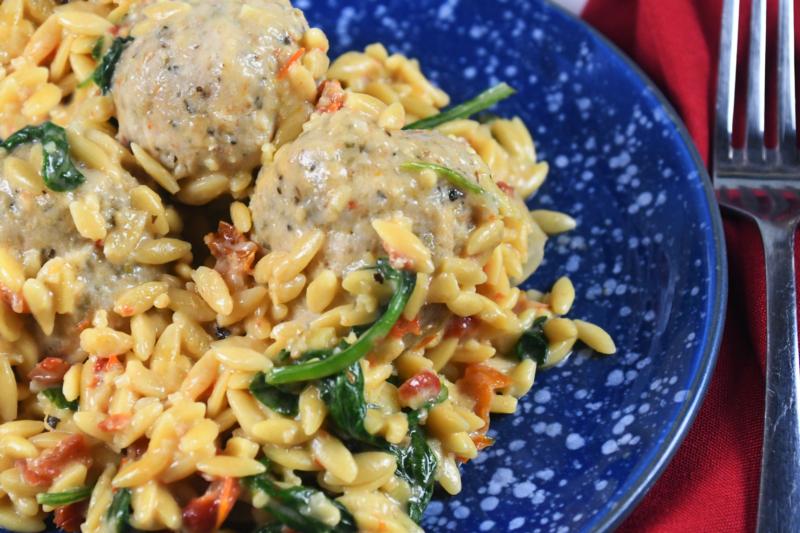 Crockpot Garlic Herbed Chicken Meatballs w/Orzo