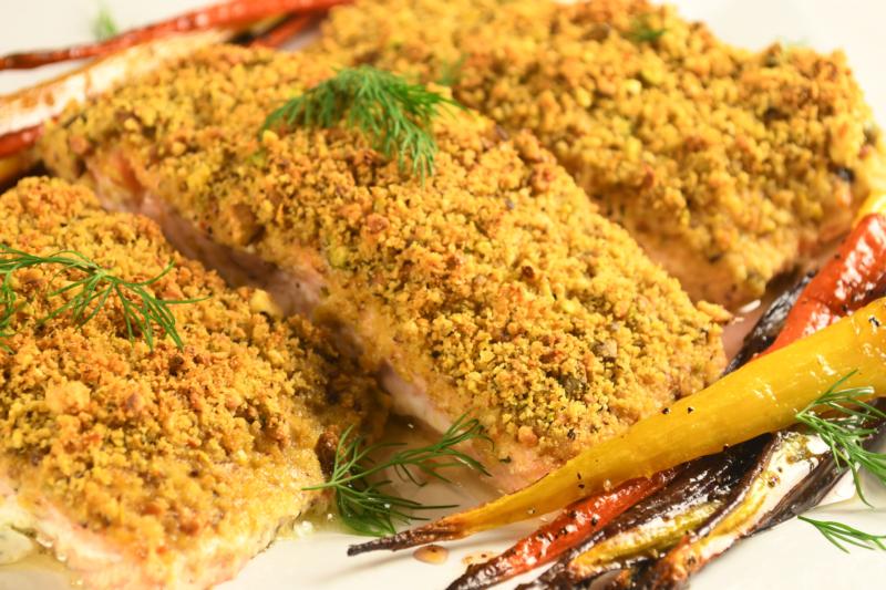 Pistachio Crusted Salmon with Creamy Dill Sauce & Roasted Carrots